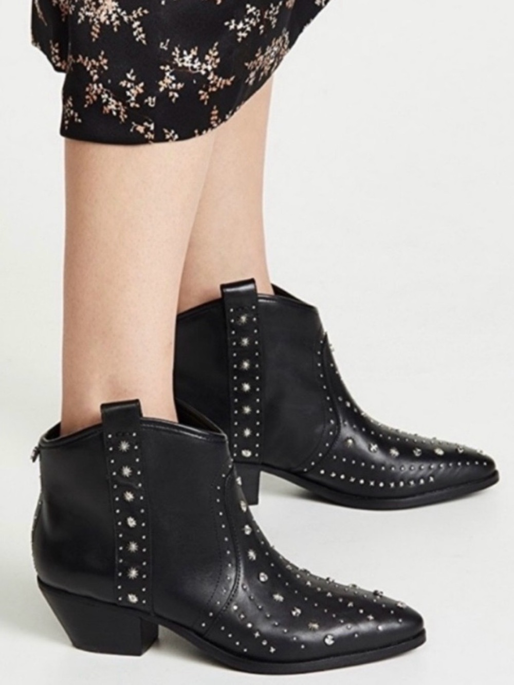 Sam Edelman Brian Pointed-Toe Silver Studded Black Leather Mid-Heel Booties